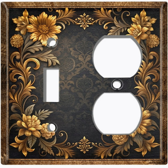 Metal Light Switch Wall Plate Outlet Cover (Printed Image of Vintage Floral Frame - 2 Gang Toggle/Duplex)