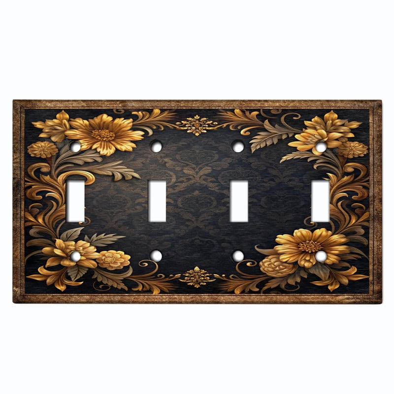 Metal Light Switch Wall Plate Outlet Cover (Printed Image of Vintage Floral Frame - Quad Toggle)