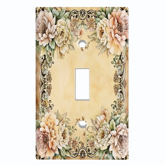 Metal Light Switch Wall Plate Outlet Cover (Printed Image of Vintage Floral Frame - Single Toggle)