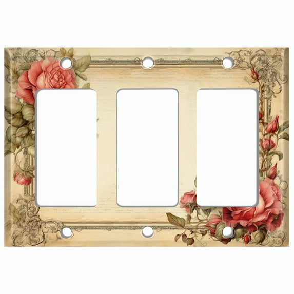 Metal Light Switch Wall Plate Outlet Cover (Printed Image of Vintage Floral Frame - Triple GFI/Rocker)