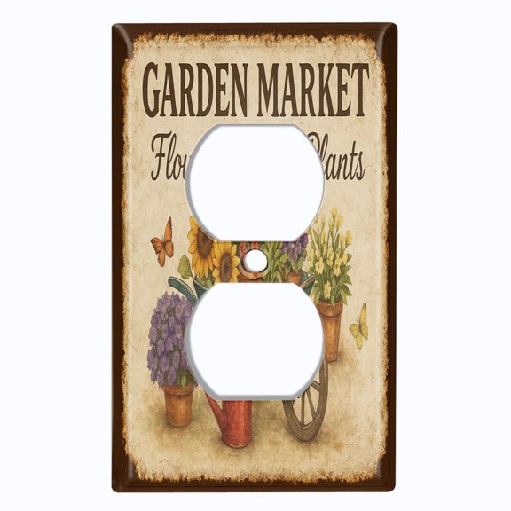 Metal Light Switch Wall Plate Outlet Cover (Printed Image of Vintage Floral Market Sign - Single Duplex)
