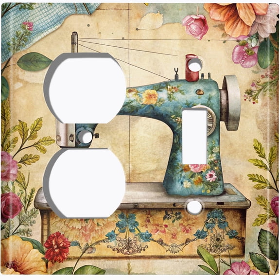 Metal Light Switch Wall Plate Outlet Cover (Printed Image of Vintage Floral Sewing Machine - 2 Gang Duplex/Toggle)
