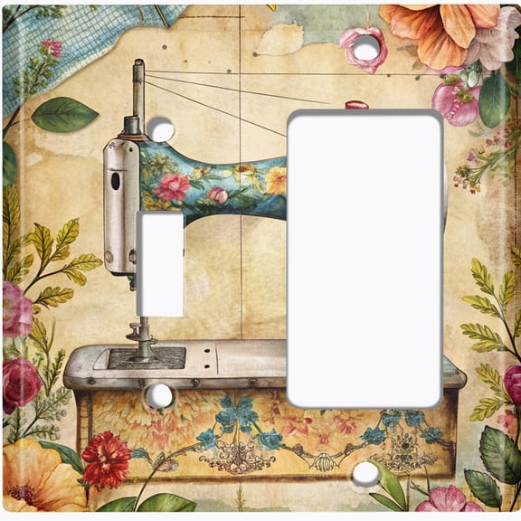 Metal Light Switch Wall Plate Outlet Cover (Printed Image of Vintage Floral Sewing Machine - 2 Gang Toggle/GFI Rocker)