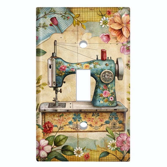 Metal Light Switch Wall Plate Outlet Cover (Printed Image of Vintage Floral Sewing Machine - Single Toggle)
