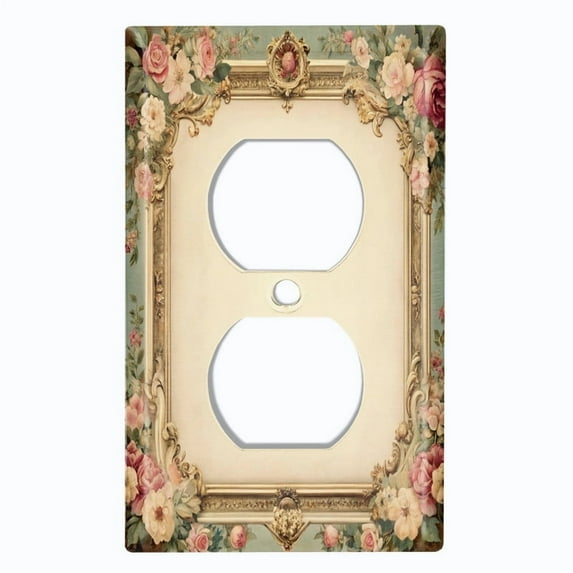Metal Light Switch Wall Plate Outlet Cover (Printed Image of Vintage Frame with Flowers - Single Duplex)