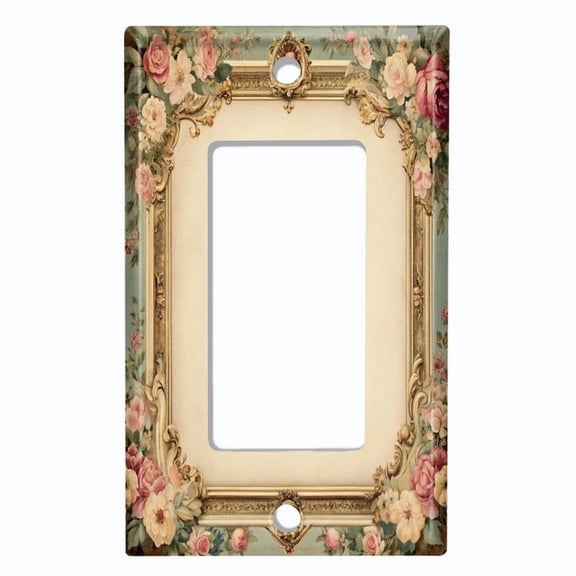 Metal Light Switch Wall Plate Outlet Cover (Printed Image of Vintage Frame with Flowers - Single GFI/Rocker)