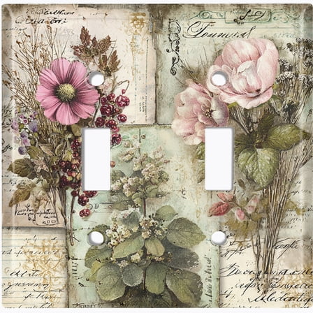 Metal Light Switch Wall Plate Outlet Cover (Printed Image of Vintage Journal and Flowers - Double Toggle)