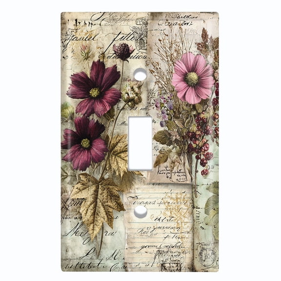 Metal Light Switch Wall Plate Outlet Cover (Printed Image of Vintage Journal and Flowers - Single Toggle)