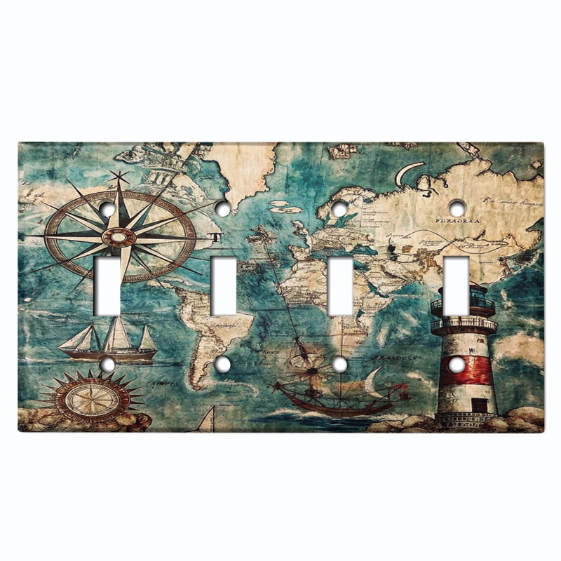 Metal Light Switch Wall Plate Outlet Cover (Printed Image of Vintage Nautical Lighthouse - Quad Toggle)