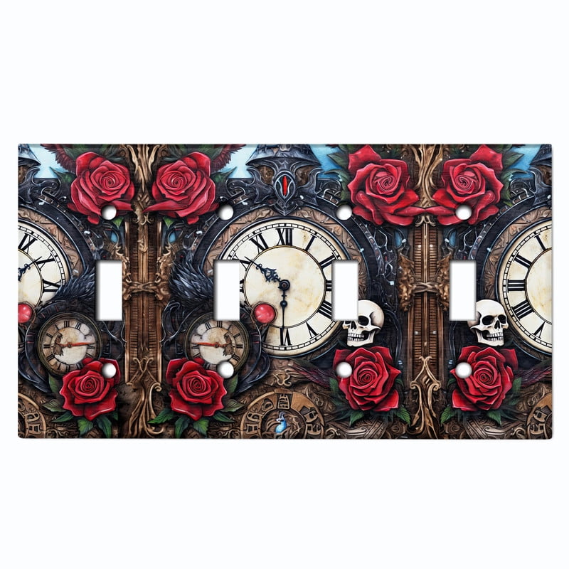 Metal Light Switch Wall Plate Outlet Cover (Printed Image of Vintage Pirate Clock with Flowers - Quad Toggle)