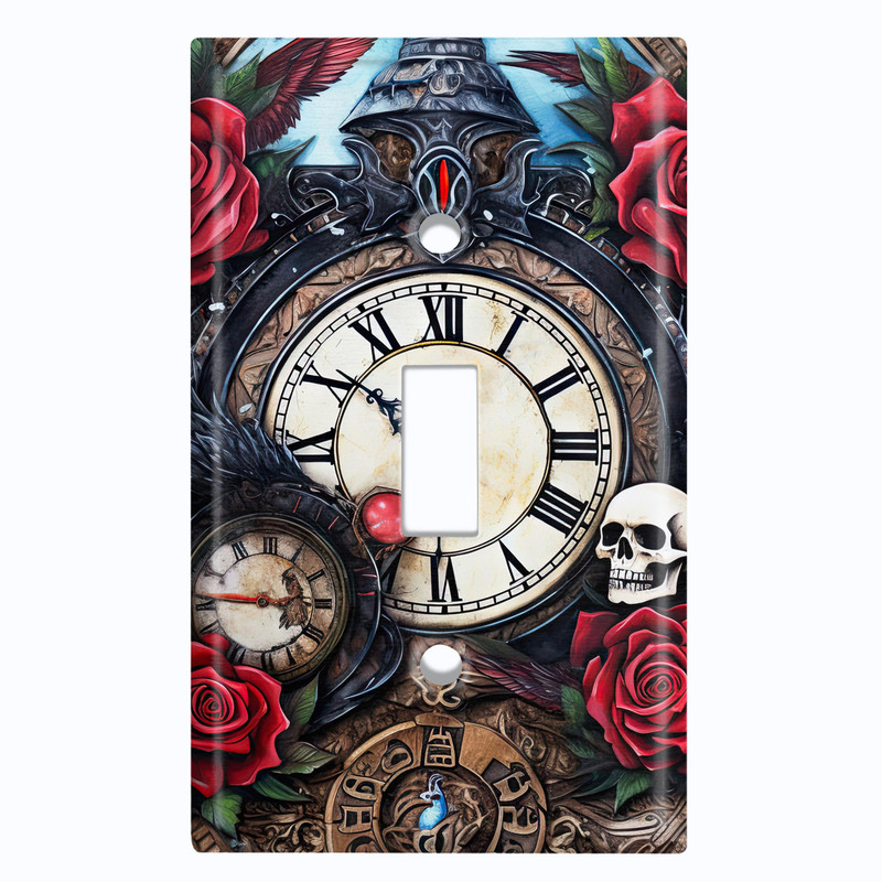 Metal Light Switch Wall Plate Outlet Cover (Printed Image of Vintage Pirate Clock with Flowers - Single Toggle)