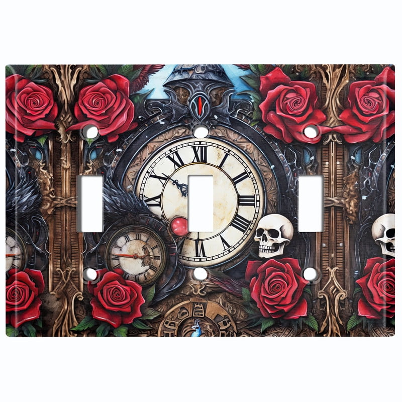 Metal Light Switch Wall Plate Outlet Cover (Printed Image of Vintage Pirate Clock with Flowers - Triple Toggle)