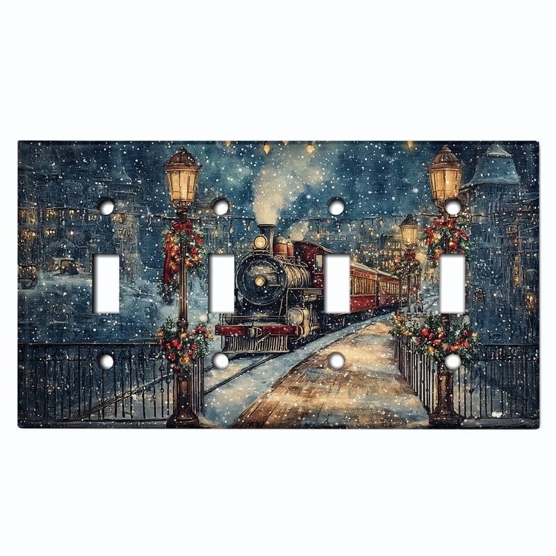 Metal Light Switch Wall Plate Outlet Cover (Printed Image of Vintage Railroad - Quad Toggle)