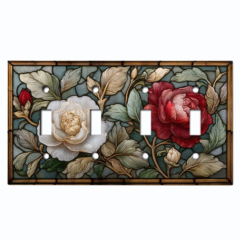 Metal Light Switch Wall Plate Outlet Cover (Printed Image of Vintage Stained Glass Flowers - Quad Toggle)