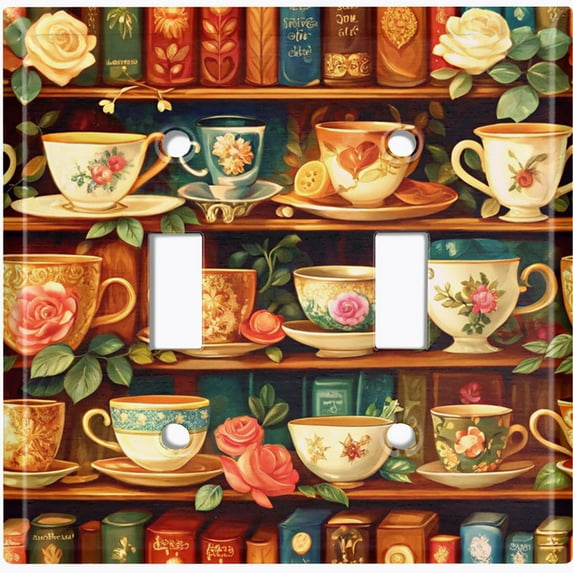 Metal Light Switch Wall Plate Outlet Cover (Printed Image of Vintage Tea Cups and Books - Double Toggle)