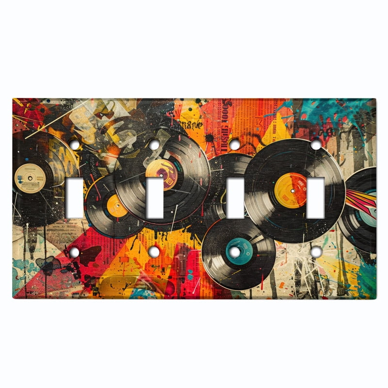 Metal Light Switch Wall Plate Outlet Cover (Printed Image of Vinyl Record Vintage Pop Art - Quad Toggle)