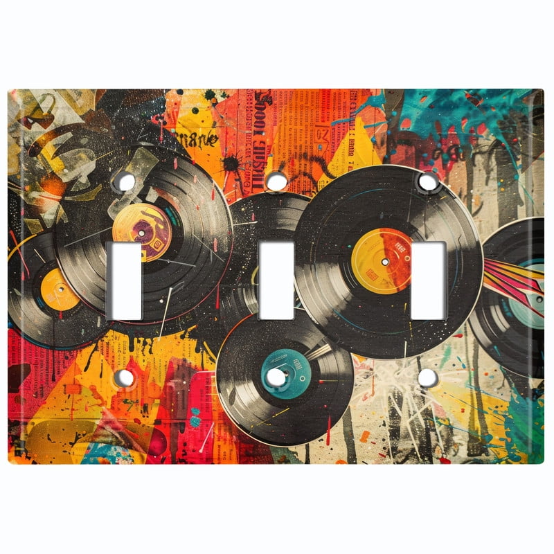 Metal Light Switch Wall Plate Outlet Cover (Printed Image of Vinyl Record Vintage Pop Art - Triple Toggle)