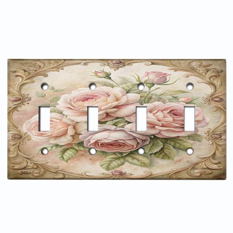 Metal Light Switch Wall Plate Outlet Cover (Printed Image of Watercolor Floral Bouquet - Quad Toggle)
