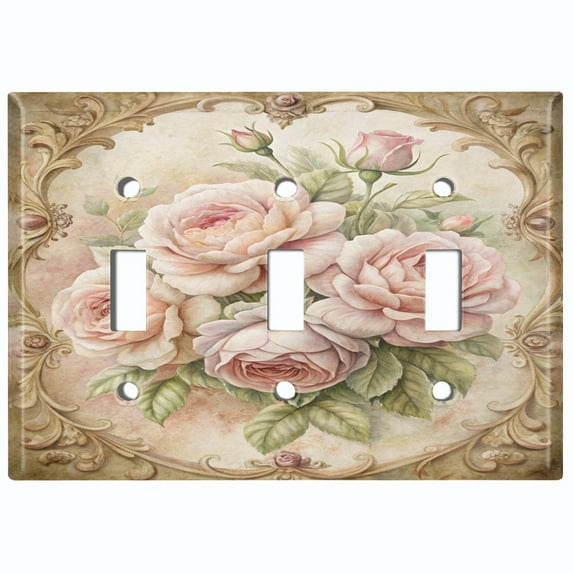 Metal Light Switch Wall Plate Outlet Cover (Printed Image of Watercolor Floral Bouquet - Triple Toggle)