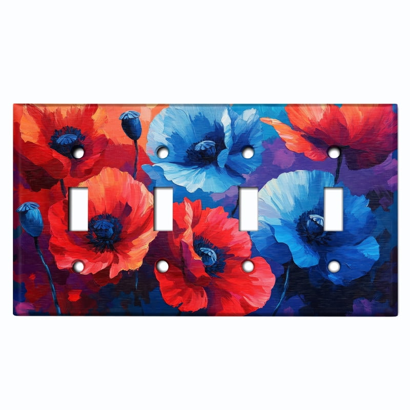 Metal Light Switch Wall Plate Outlet Cover (Printed Image of Watercolor Poppy Flowers - Quad Toggle)
