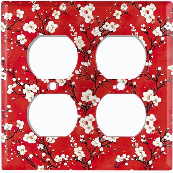 Metal Light Switch Wall Plate Outlet Cover (Printed Image of White Cherry Blossoms - Double Duplex)