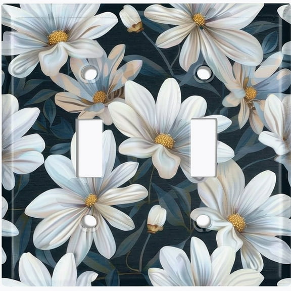 Metal Light Switch Wall Plate Outlet Cover (Printed Image of White Daisies - Double Toggle)