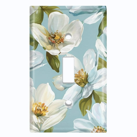 Metal Light Switch Wall Plate Outlet Cover (Printed Image of White Floral Art - Single Toggle)