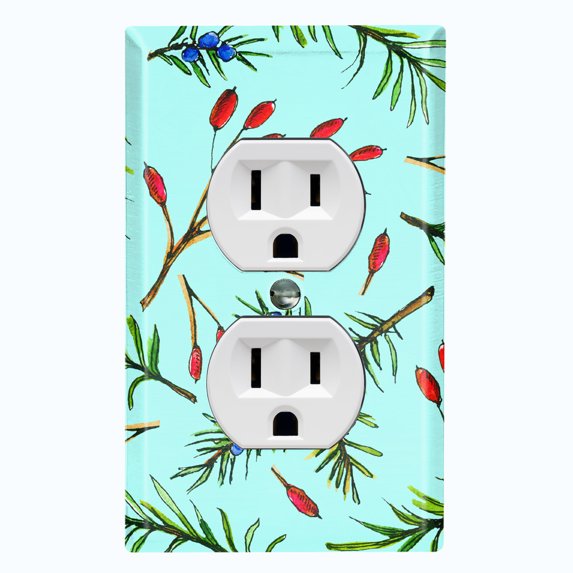 Metal Light Switch Wall Plate Outlet Cover (Rosemary Leaf Teal Wallpaper- Single Duplex)
