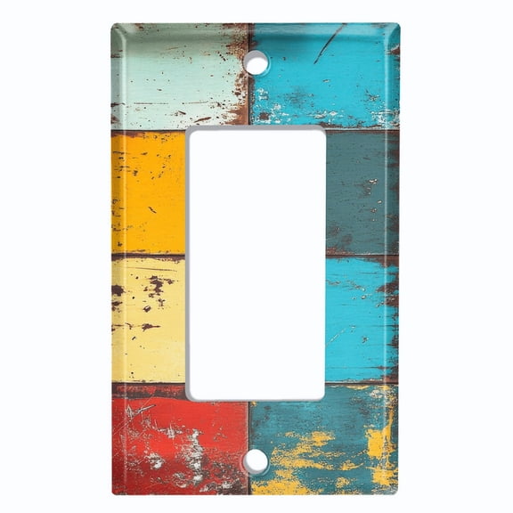 Metal Light Switch Wall Plate Outlet Cover (Rustic Colorful Square Pattern - Single GFI/Rocker)