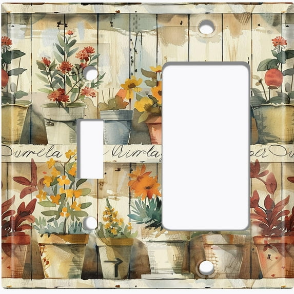 Metal Light Switch Wall Plate Outlet Cover (Rustic Flowers Pots - 2 Gang Toggle/GFI Rocker)