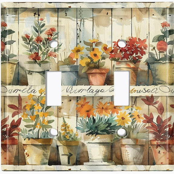 Metal Light Switch Wall Plate Outlet Cover (Rustic Flowers Pots - Double Toggle)
