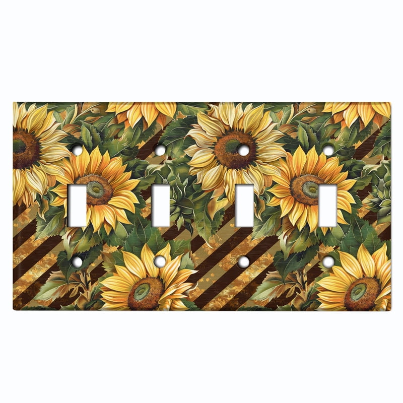 Metal Light Switch Wall Plate Outlet Cover (Rustic Sunflowers - Quad Toggle)