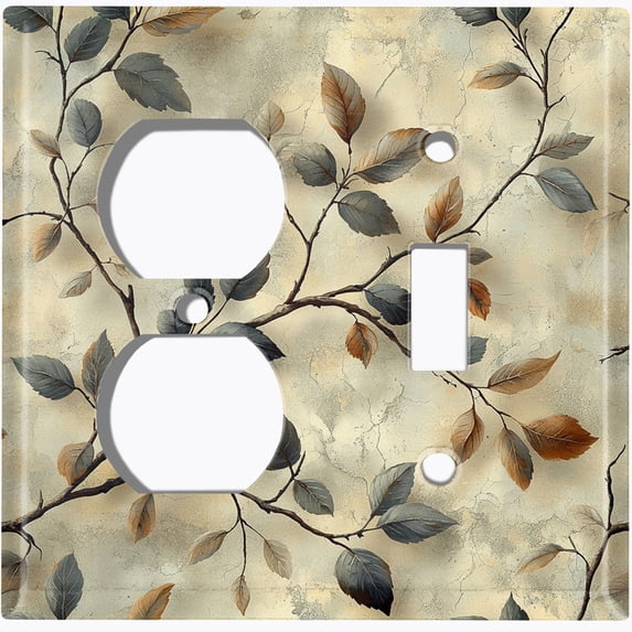 Metal Light Switch Wall Plate Outlet Cover (Rustic Tree Branch with Leaves - 2 Gang Duplex/Toggle)