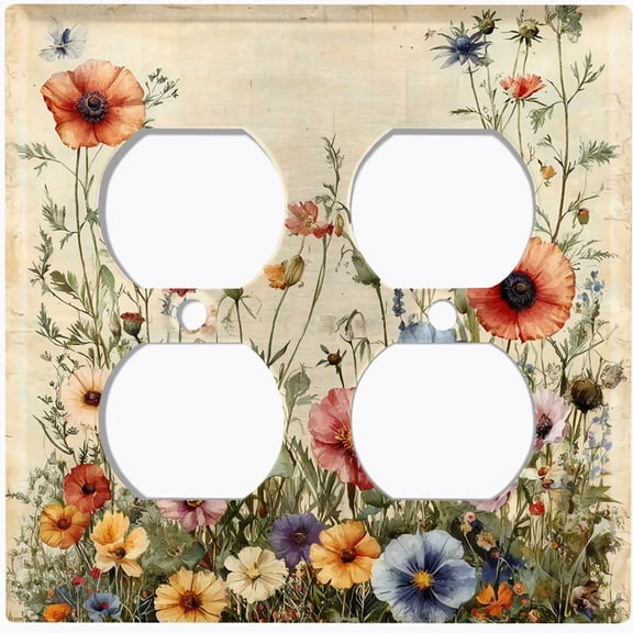 Metal Light Switch Wall Plate Outlet Cover (Rustic Wildflowers - Double Duplex)
