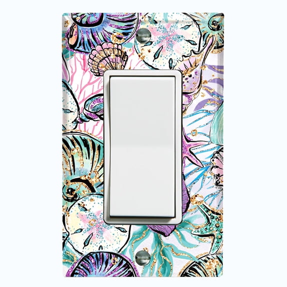 Metal Light Switch Wall Plate Outlet Cover (Sea Snail Starfish Pastel Glitter Reef Bubbles - Single Rocker)