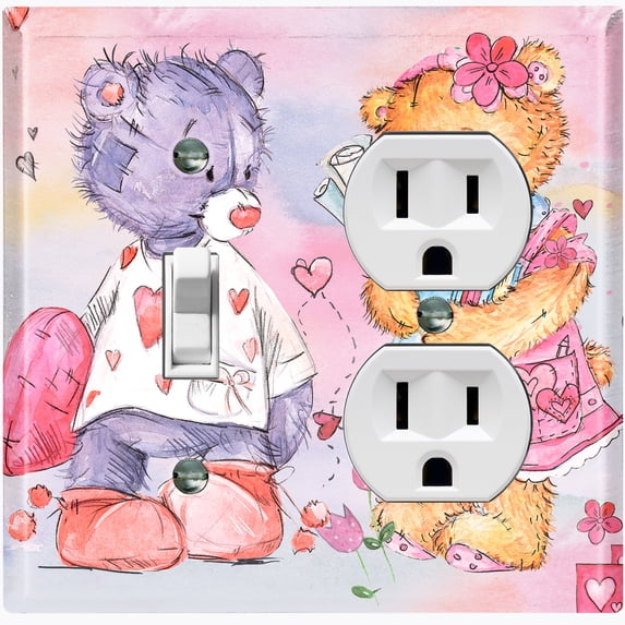 Metal Light Switch Wall Plate Outlet Cover (Sleepy Teddy Bear Lovers Colorful - Single Toggle Single Duplex)