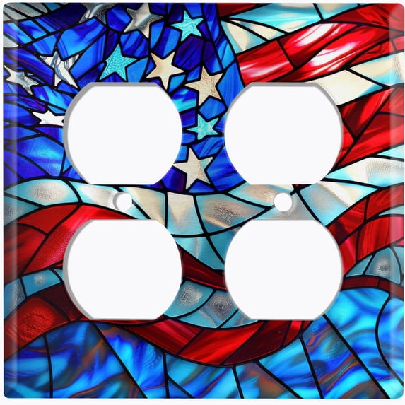 Metal Light Switch Wall Plate Outlet Cover (Stained Glass American Flag - Double Duplex)