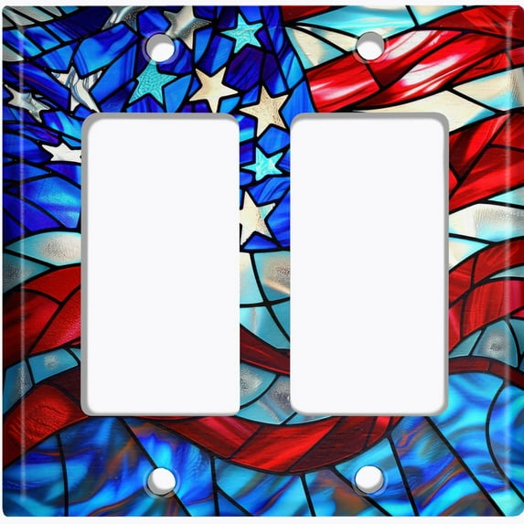 Metal Light Switch Wall Plate Outlet Cover (Stained Glass American Flag - Double GFI/Rocker)