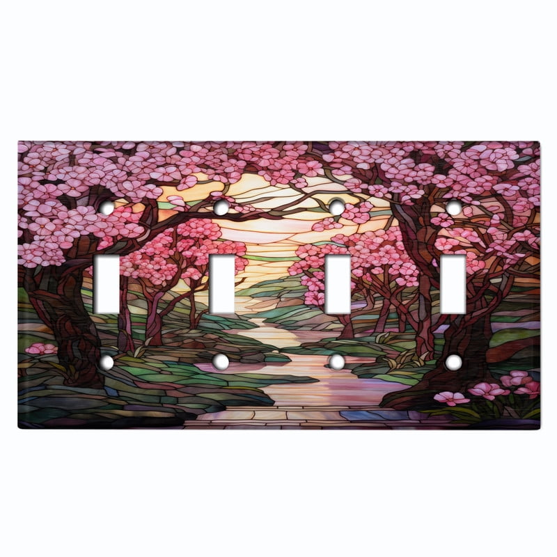 Metal Light Switch Wall Plate Outlet Cover (Stained Glass Cherry Blossom Art - Quad Toggle)