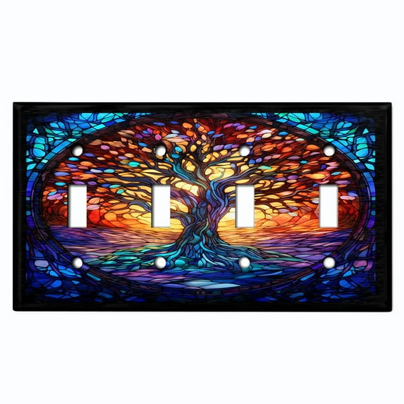 Metal Light Switch Wall Plate Outlet Cover (Stained Glass Sunset with Tree - Quad Toggle)