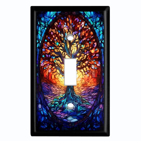 Metal Light Switch Wall Plate Outlet Cover (Stained Glass Sunset with Tree - Single Toggle)