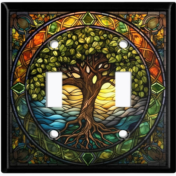 Metal Light Switch Wall Plate Outlet Cover (Stained Glass Tree with Ocean Sunset - Double Toggle)