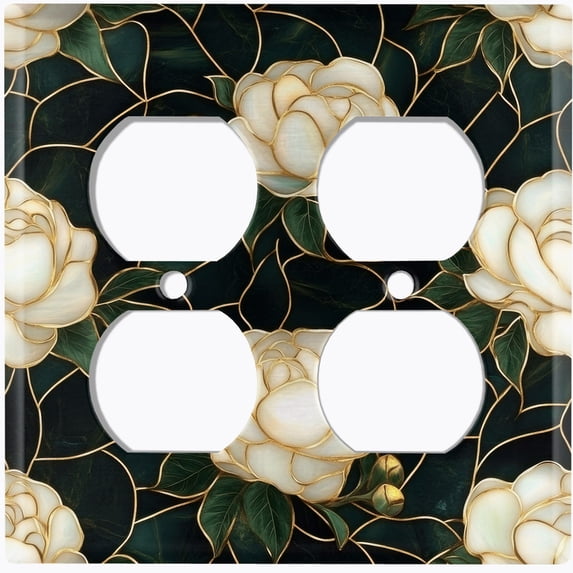 Metal Light Switch Wall Plate Outlet Cover (Stained Glass White Rose - Double Duplex)