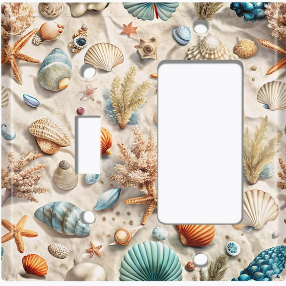Metal Light Switch Wall Plate Outlet Cover (Starfish and Sea Shells on the Ocean Floor - 2 Gang Toggle/GFI Rocker)