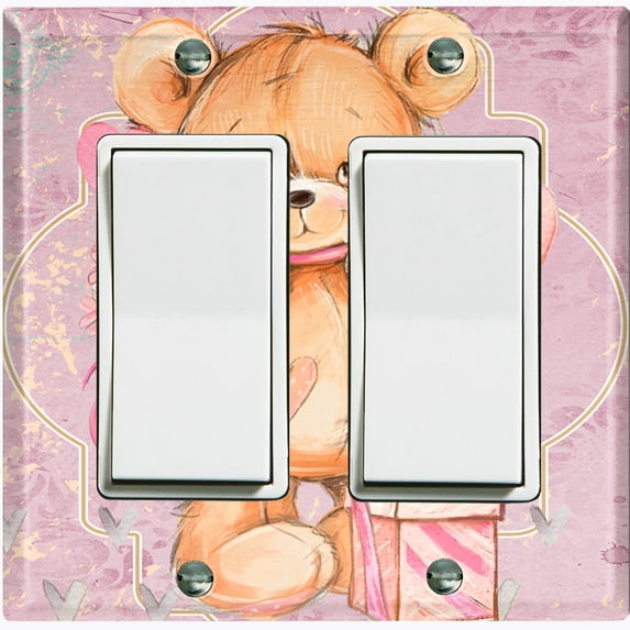 Metal Light Switch Wall Plate Outlet Cover (Teddy Bear Love Heart Flower Bouquet Balloon Present Pink - Double Rocker)
