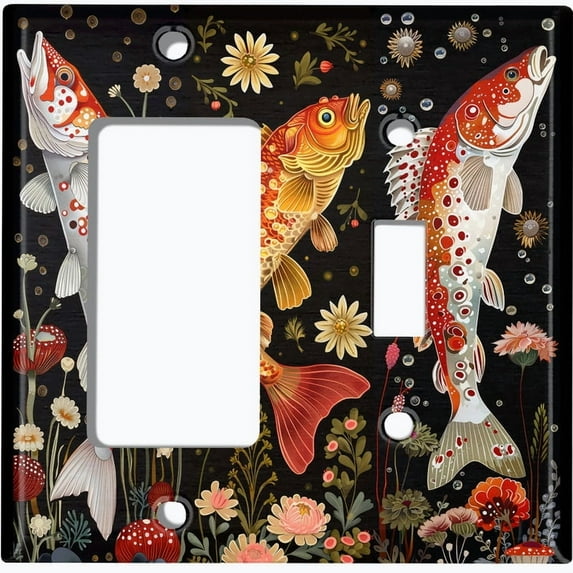 Metal Light Switch Wall Plate Outlet Cover (Traditional Japanese Koi Fish Art - 2 Gang GFI Rocker/Toggle)