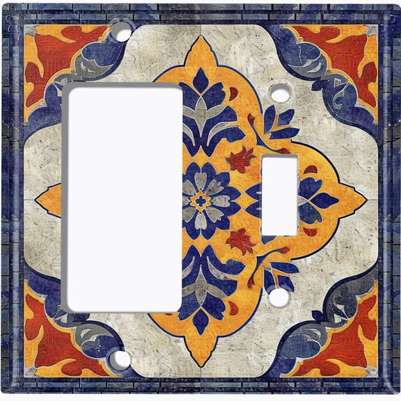 Metal Light Switch Wall Plate Outlet Cover (Vibrant Moroccan Flower Tile - 2 Gang GFI Rocker/Toggle)