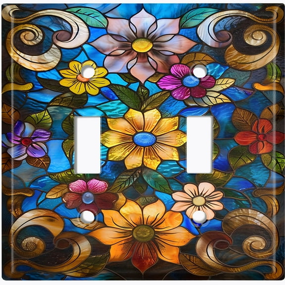 Metal Light Switch Wall Plate Outlet Cover (Vibrant Stained Glass Flowers - Double Toggle)