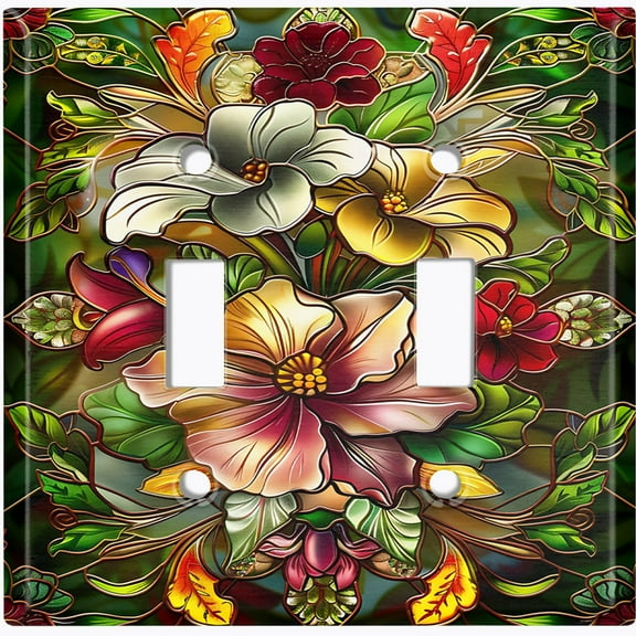 Metal Light Switch Wall Plate Outlet Cover (Vibrant Stained Glass Flowers - Double Toggle)