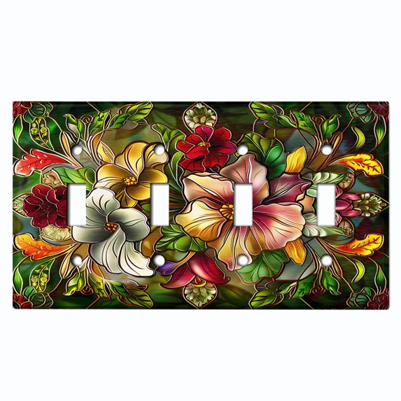Metal Light Switch Wall Plate Outlet Cover (Vibrant Stained Glass Flowers - Quad Toggle)